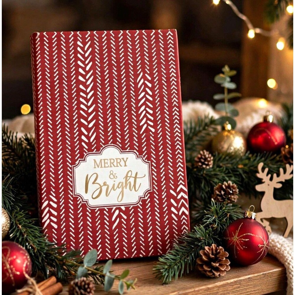 Merry & Bright Christmas Book-Style Lidded Decorative Storage Box Red White Gold